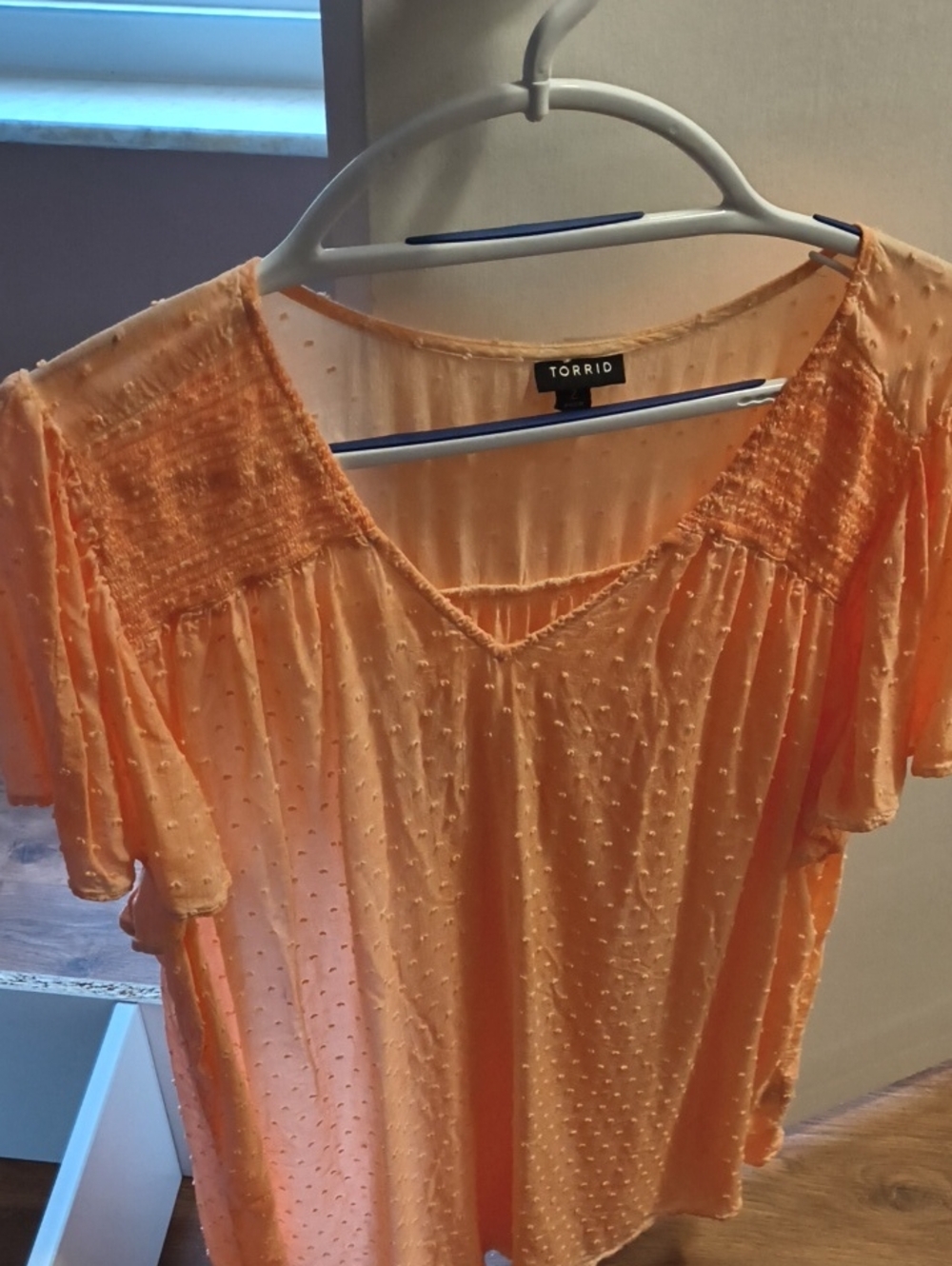 torrid Peach-Orange Swiss Dot V-Neck Blouse